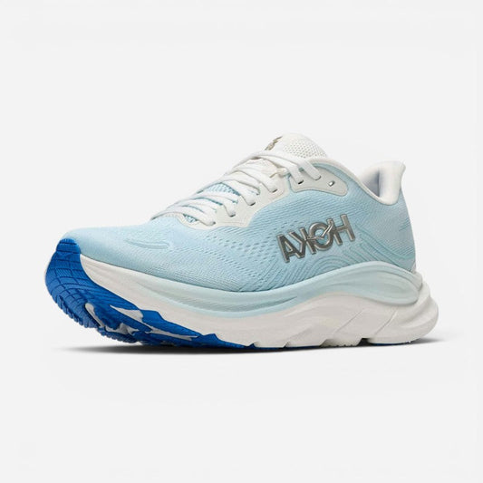 A HOKA running shoe in light blue and white with a blue outsole, shown from a side profile on a light gray background.