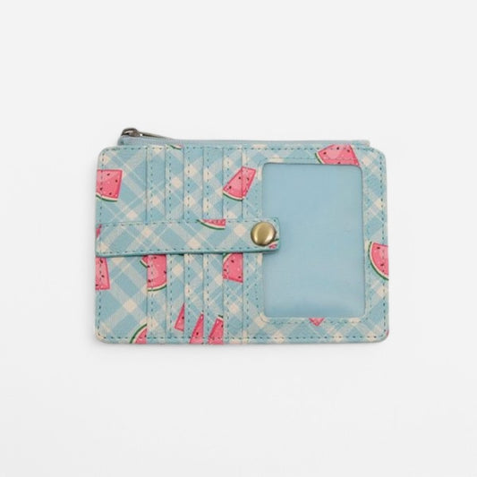 Penny Printed Mini Travel Wallet Blue Plaid Watermelons