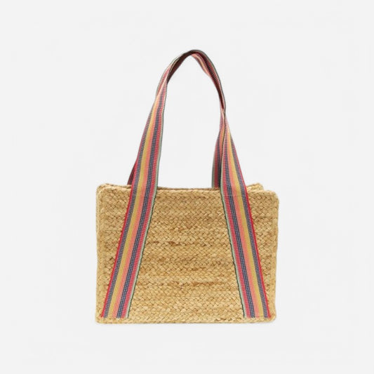 Fiona Jute Tote w/ Multi Stripe Shoulder Strap Natural